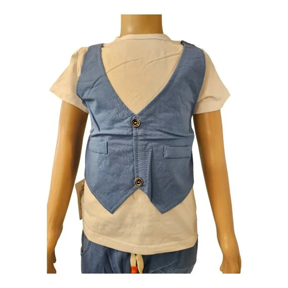 2T Baby Boys White and Blue Shorts and Tshirt Faux Vest 2pcs Set - Picture 2 of 6